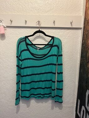 Splendid Teal and Black Striped Long Sleeve Scoop Neck Top